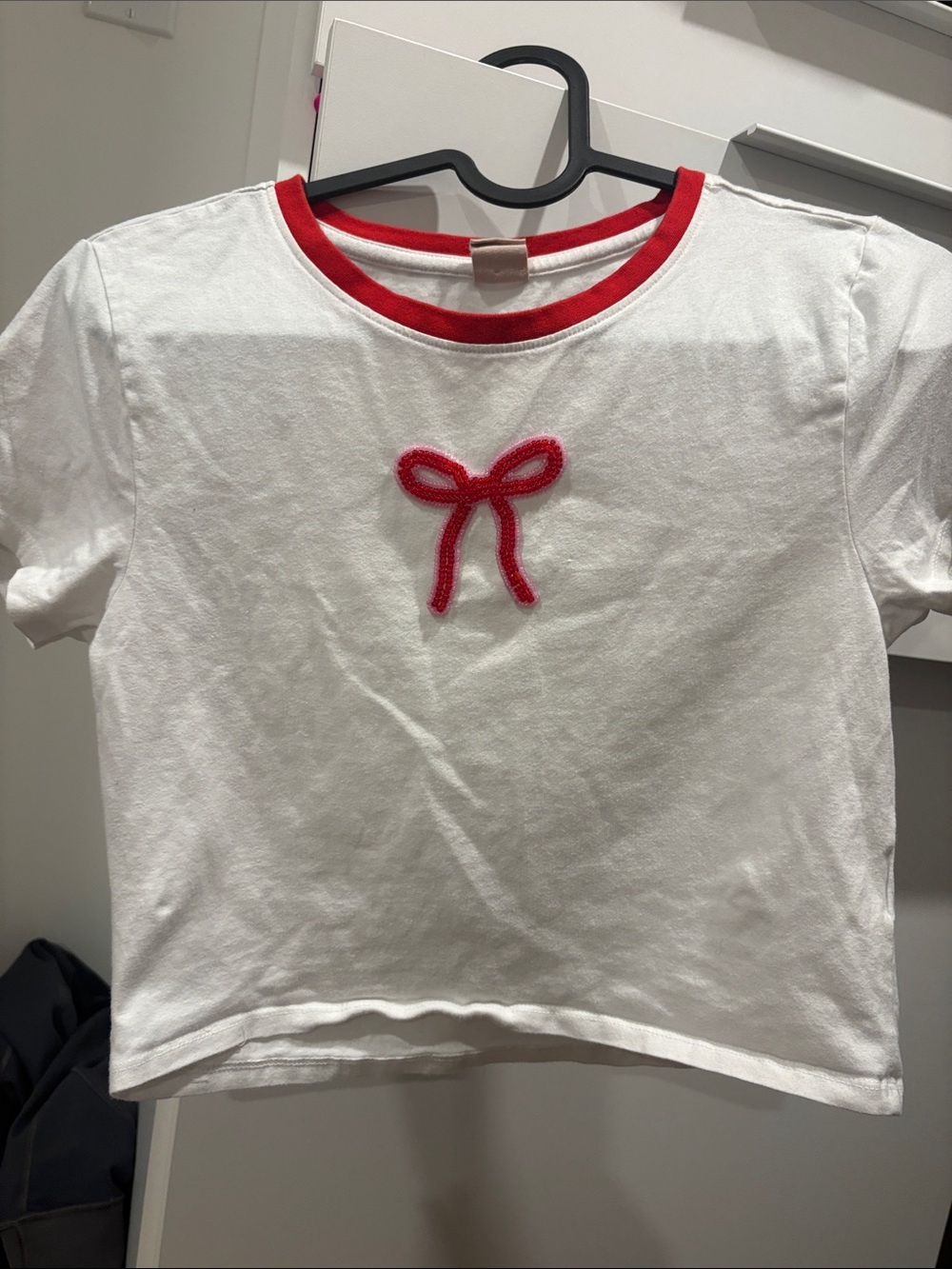 Women’s White Short Sleeve Tee with Red Trim & Bow Accent